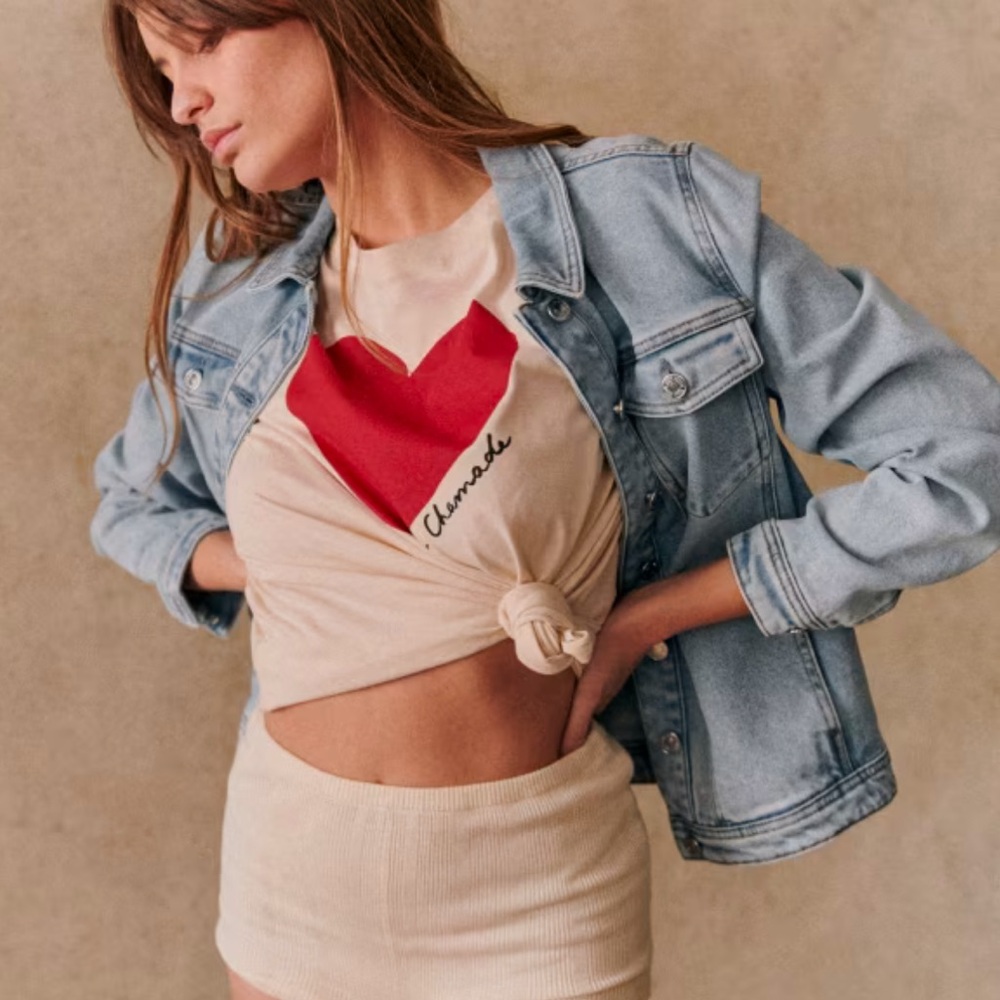 Sezane La Chamade Heart Graphic T-Shirt Cream - SIZE XXXL runs very small.